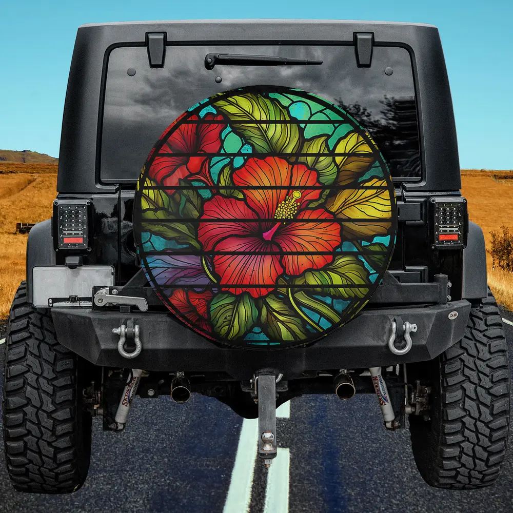 Hibiscus Flower Stained Glass Leaves Floral Art Spare Tire Cover No Camera Hole