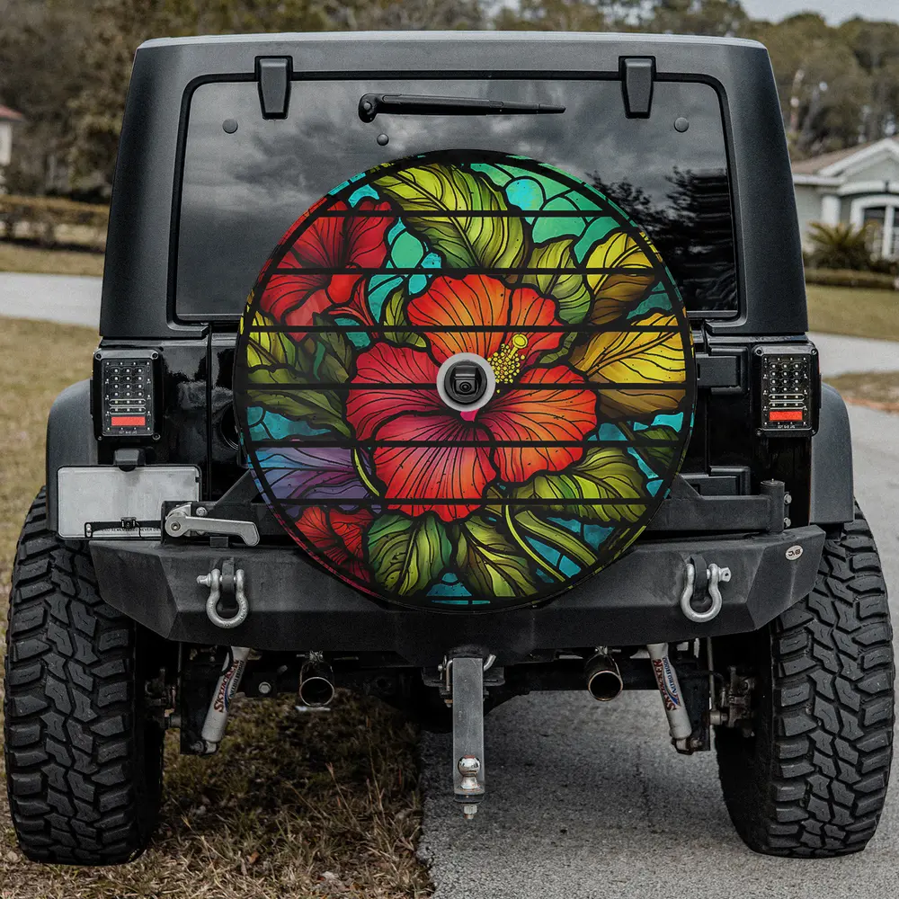Hibiscus flower stained glass floral art spare tire cover for Mercedes G-Class with camera hole