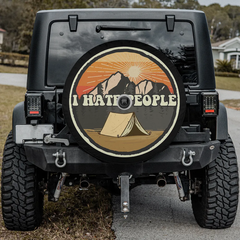 i hate people mountain tent camper spare tire cover with mountain sunrise, with camera hole