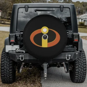 Yellow i emblem with orange oval Incredibles movie logo spare tire cover with camera hole