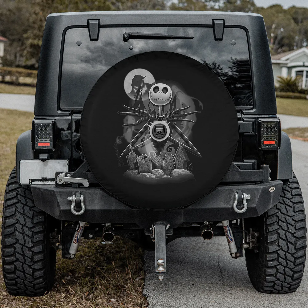 Jack Skellington graveyard moon night scene spare tire cover with backup camera hole for Jeep RV
