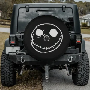 white stitched smile Jack Skellington cartoon face spare tire cover with camera hole