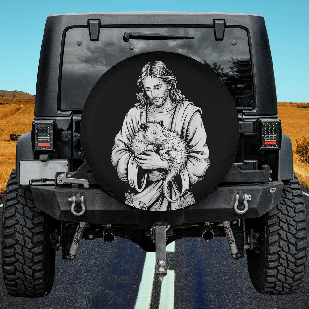 Jesus holding opossum wildlife devotion Mercedes G-Wagon spare tire cover without camera hole