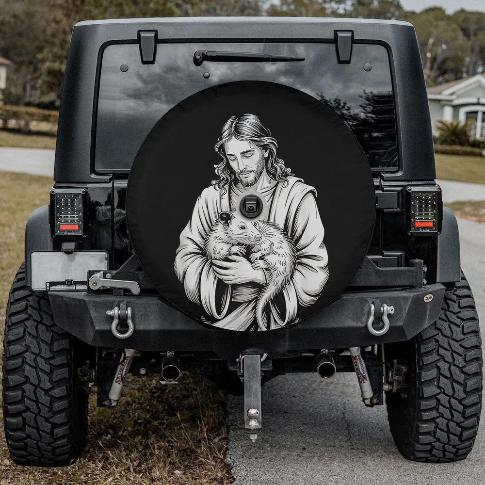 Jesus holding opossum wildlife devotion Mercedes G-Wagon spare tire cover with camera hole