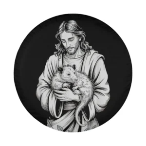Black and white illustration of Jesus holding opossum wildlife devotion design