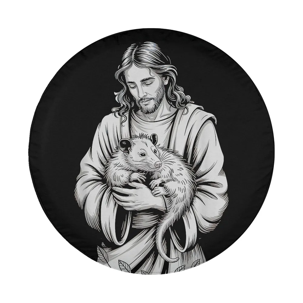 Black and white illustration of Jesus holding opossum wildlife devotion design