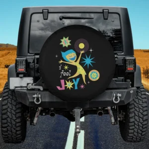 Joy character with starbursts and vintage logo on spare tire cover, no camera hole, for Jeep or SUV
