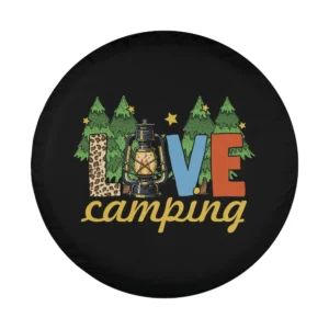 Love camping spare tire cover design with lantern and pine trees illustration