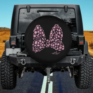 Large pink cheetah print bow Minnie Mouse spare tire cover on Jeep