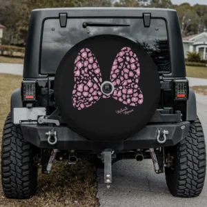 Large pink cheetah print bow Minnie Mouse spare tire cover with camera hole