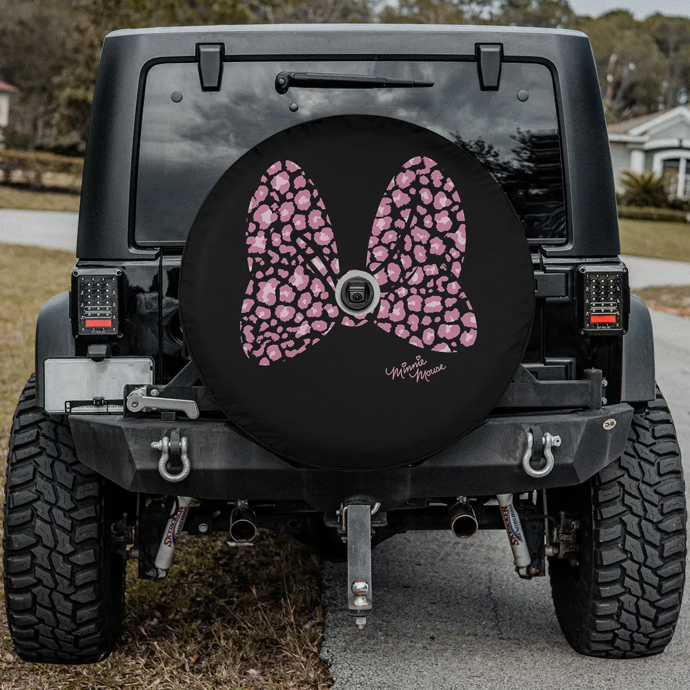 Large pink cheetah print bow Minnie Mouse spare tire cover with camera hole