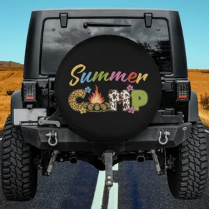 Leopard print campfire summer camp spare tire cover on Jeep, UV-resistant fabric