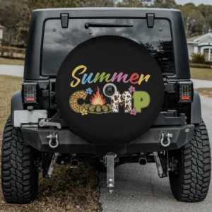 Leopard print campfire summer camp spare tire cover with camera hole, waterproof