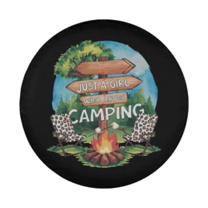 Leopard print camping chairs and campfire camping spare tire cover design closeup