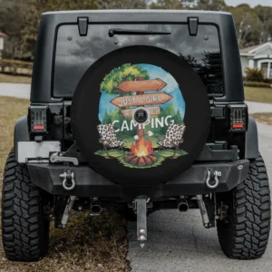 Leopard print camping chairs and campfire camping spare tire cover with backup camera hole for Jeep and RV