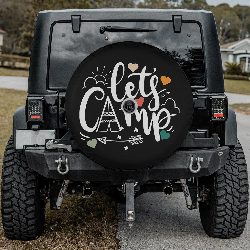 lets camp teepee arrow hearts camping spare tire cover with backup camera hole for RV