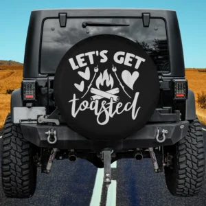 let's get toasted marshmallow campfire spare tire cover with hearts and logs, no camera hole
