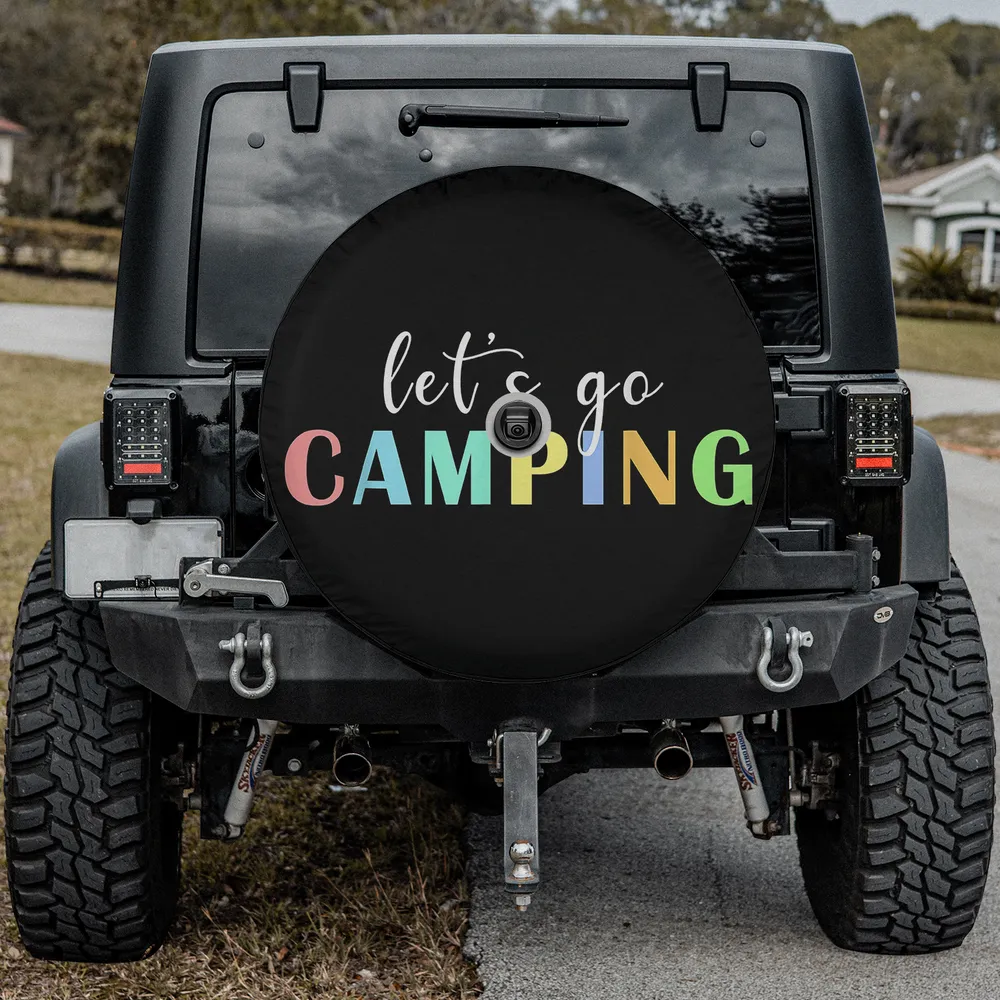 let's go camping colorful text camping spare tire cover with backup camera hole for SUV