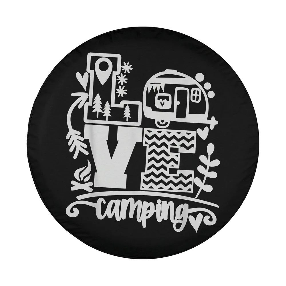 hand-drawn love camping camper trailer graphic spare tire cover design art