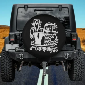 love camping camper trailer graphic spare tire cover on Jeep with no camera hole