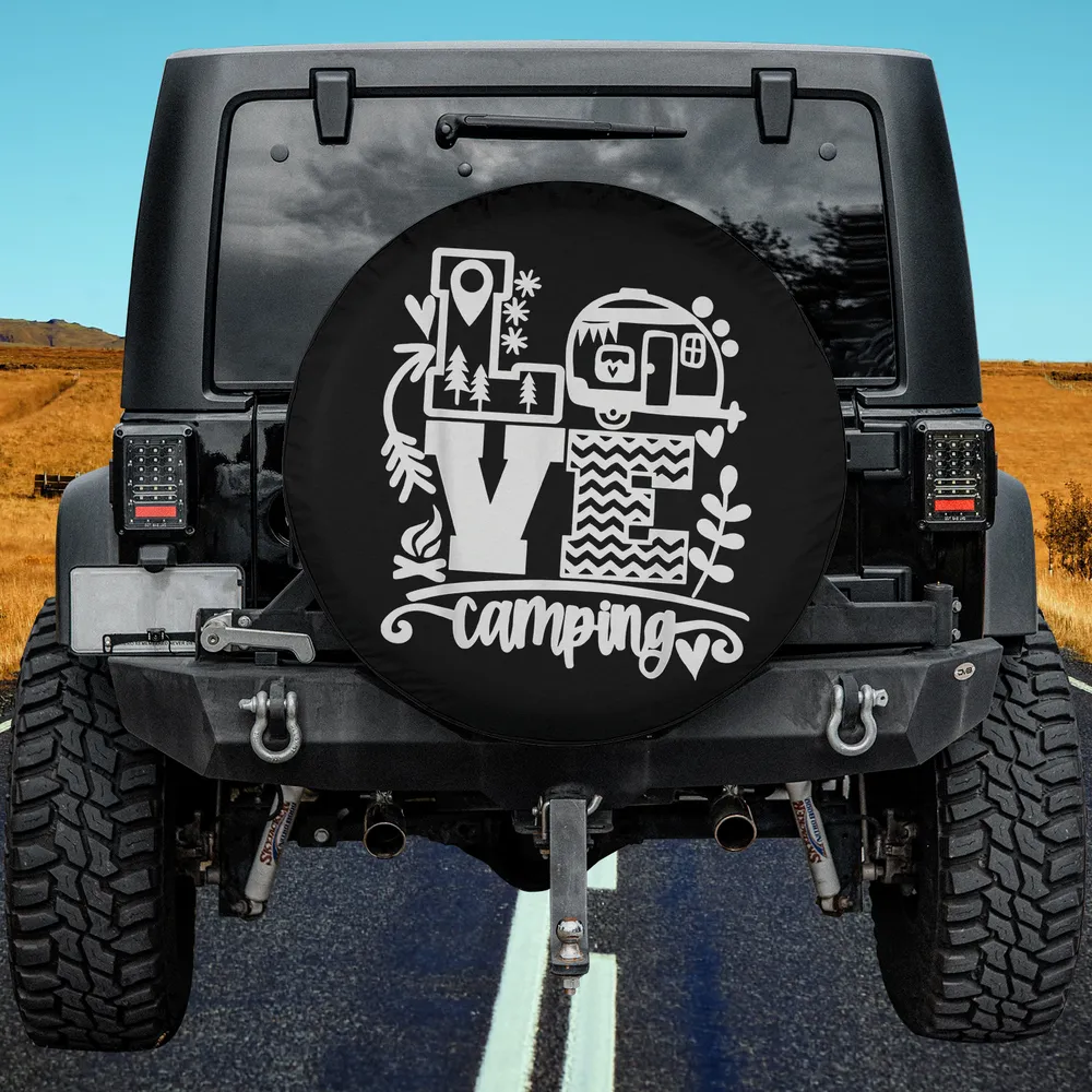love camping camper trailer graphic spare tire cover on Jeep with no camera hole