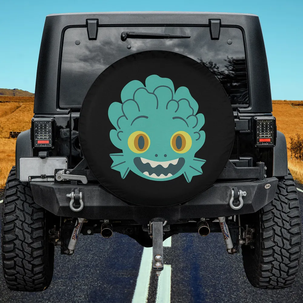Aqua sea monster face with yellow eyes Luca spare tire cover no camera hole