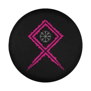 Closeup of magenta Norse compass rune design for spare tire cover