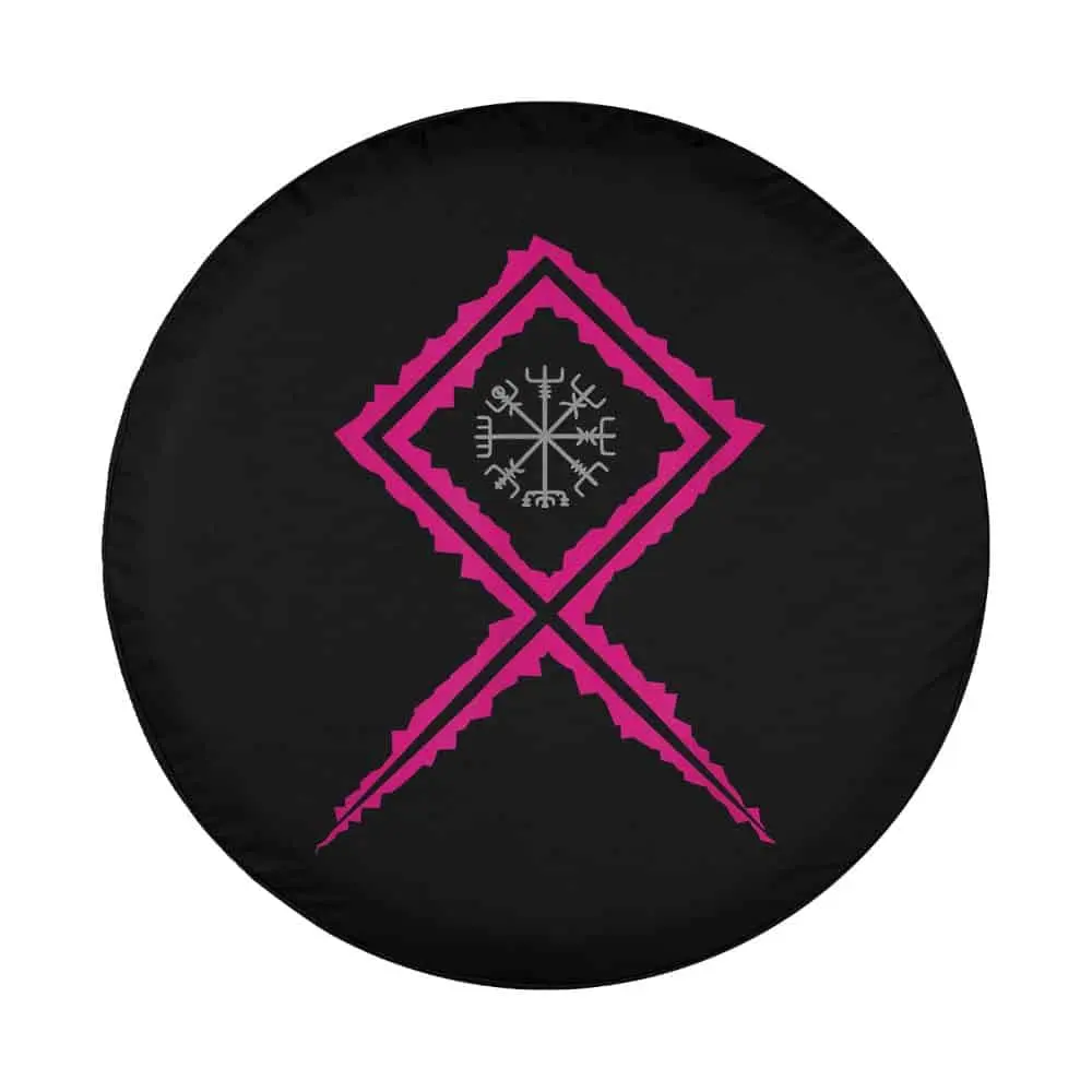 Closeup of magenta Norse compass rune design for spare tire cover