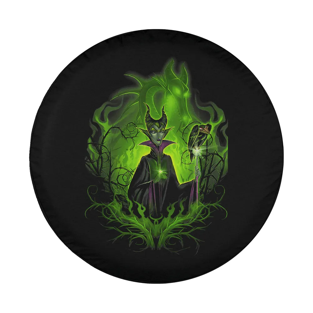Maleficent surrounded by green flames and thorns Disney villain spare tire cover design