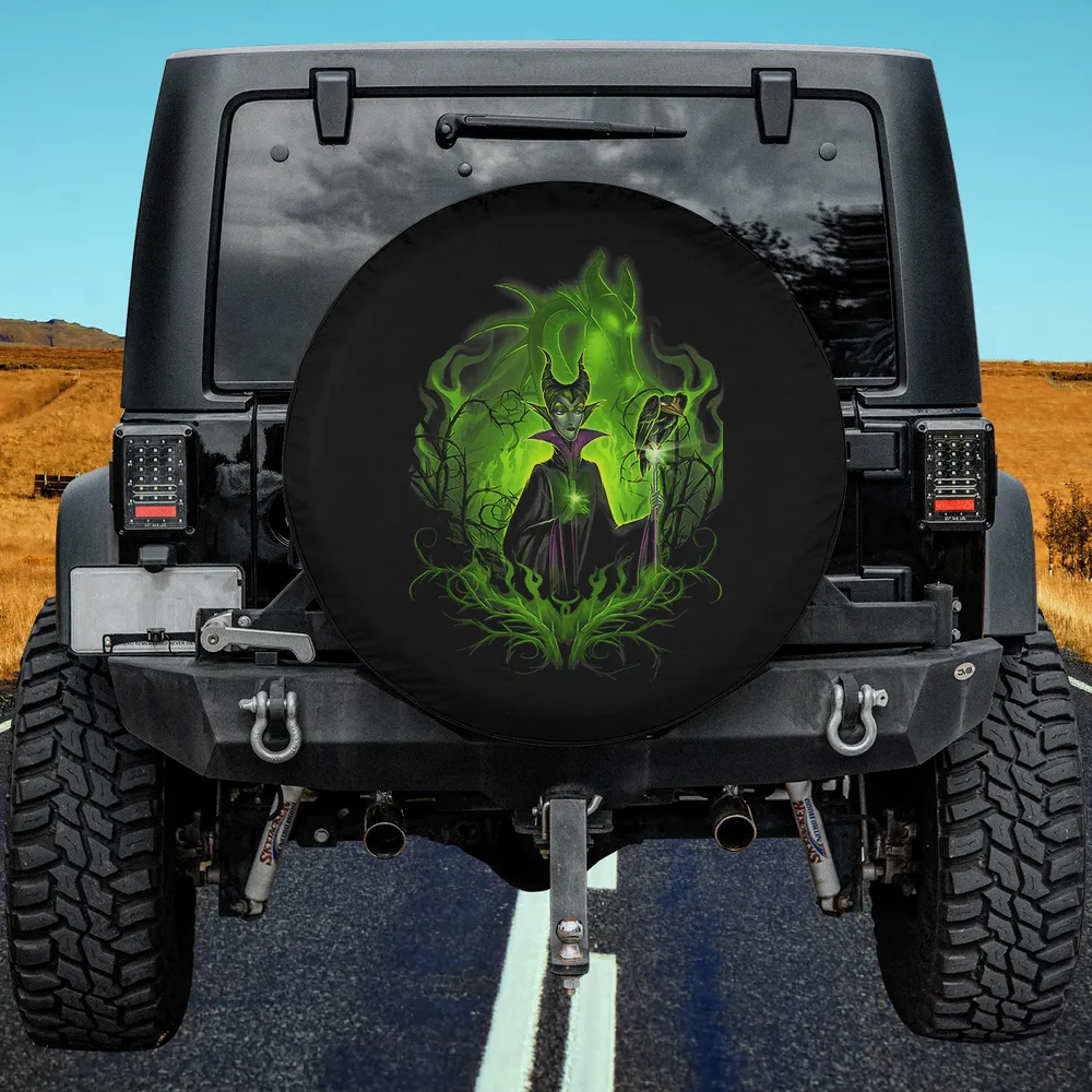 Maleficent green flame thorn portrait spare tire cover with no camera hole for Jeep or SUV