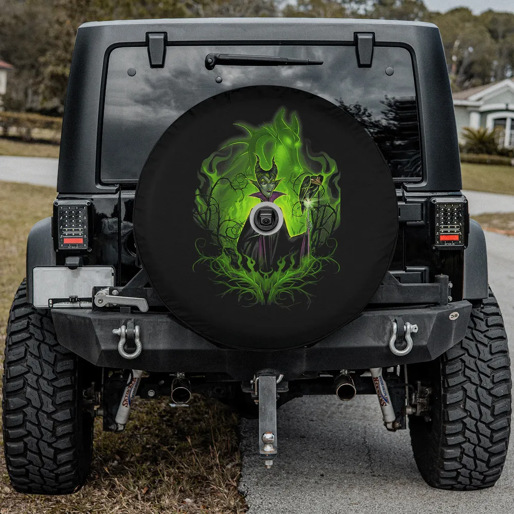 Maleficent green flame thorn portrait spare tire cover with backup camera hole for Jeep Wrangler