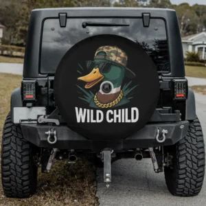 Mallard duck with camo hat and gold chain funny hunting spare tire cover with camera hole