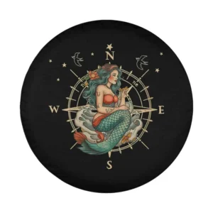 mermaid sea compass tattoo style design closeup for Mercedes G-Wagon tire cover