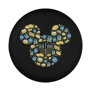 Mickey Mouse icon made of menorah, dreidels, gifts Hanukkah tire cover art