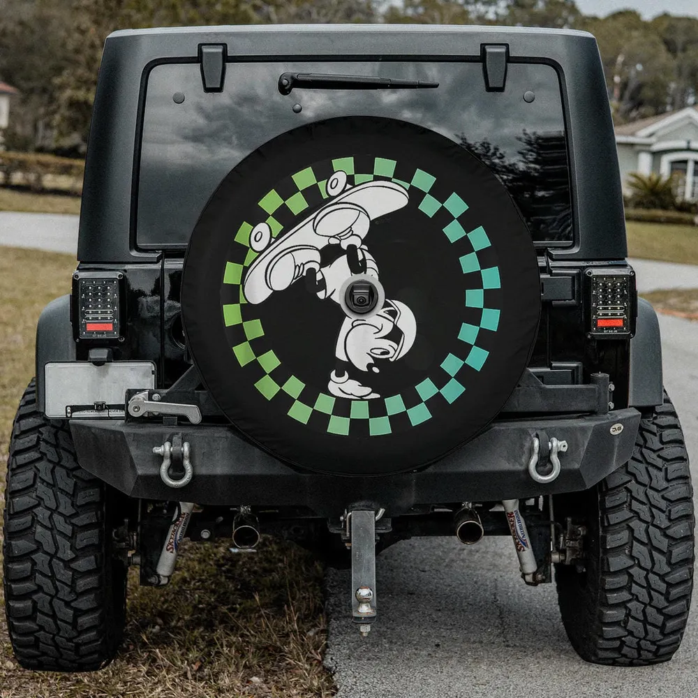 Mickey Mouse skateboard Disney spare tire cover with green checkered circle and camera hole