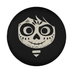 Cartoon Miguel sugar skull portrait from Coco movie on black spare tire cover
