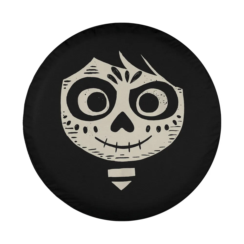 Cartoon Miguel sugar skull portrait from Coco movie on black spare tire cover