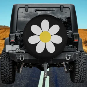 Minimalist white daisy yellow center womens spare tire cover on Mercedes G-Wagon, no camera hole