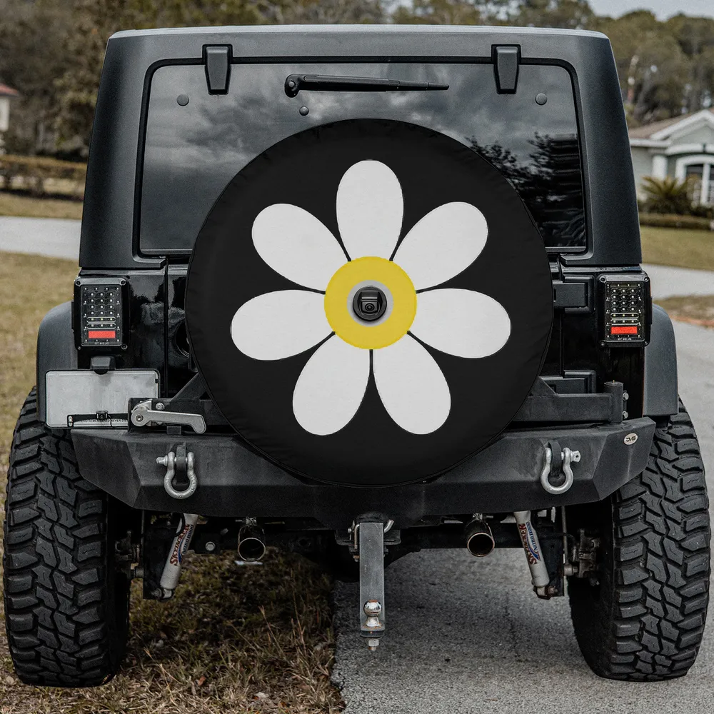 Minimalist white daisy yellow center womens spare tire cover for Mercedes G-Wagon with camera hole