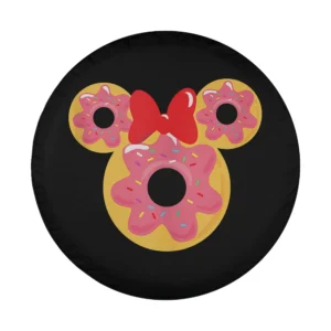 Minnie Mouse donut ears and red bow cartoon design on black spare tire cover