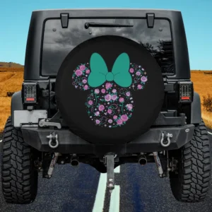 Minnie Mouse spare tire cover with mint bow and purple roses for Jeep