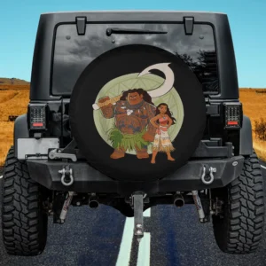 Moana and Maui with fish hook tribal Disney spare tire cover on Jeep