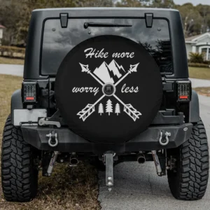 mountain arrow pine tree camping spare tire cover with hiking quote, with camera hole