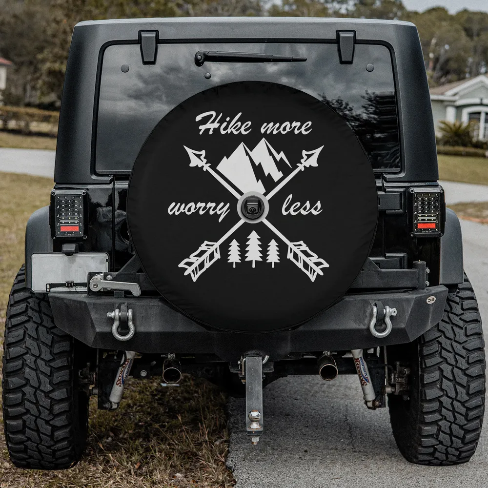 mountain arrow pine tree camping spare tire cover with hiking quote, with camera hole