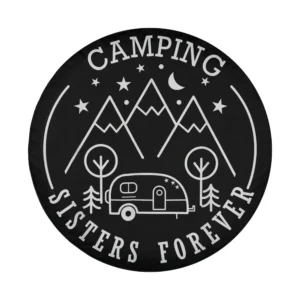 mountain camper sisters forever camping design with moon, stars, and camper trailer