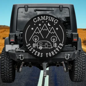 mountain camper sisters forever camping spare tire cover with moon, stars, and camper trailer, no camera hole