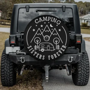 mountain camper sisters forever camping spare tire cover with mountain, camper, and camera hole