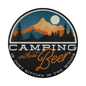 mountain moon camping beer quote design with mountains, moon, and trees