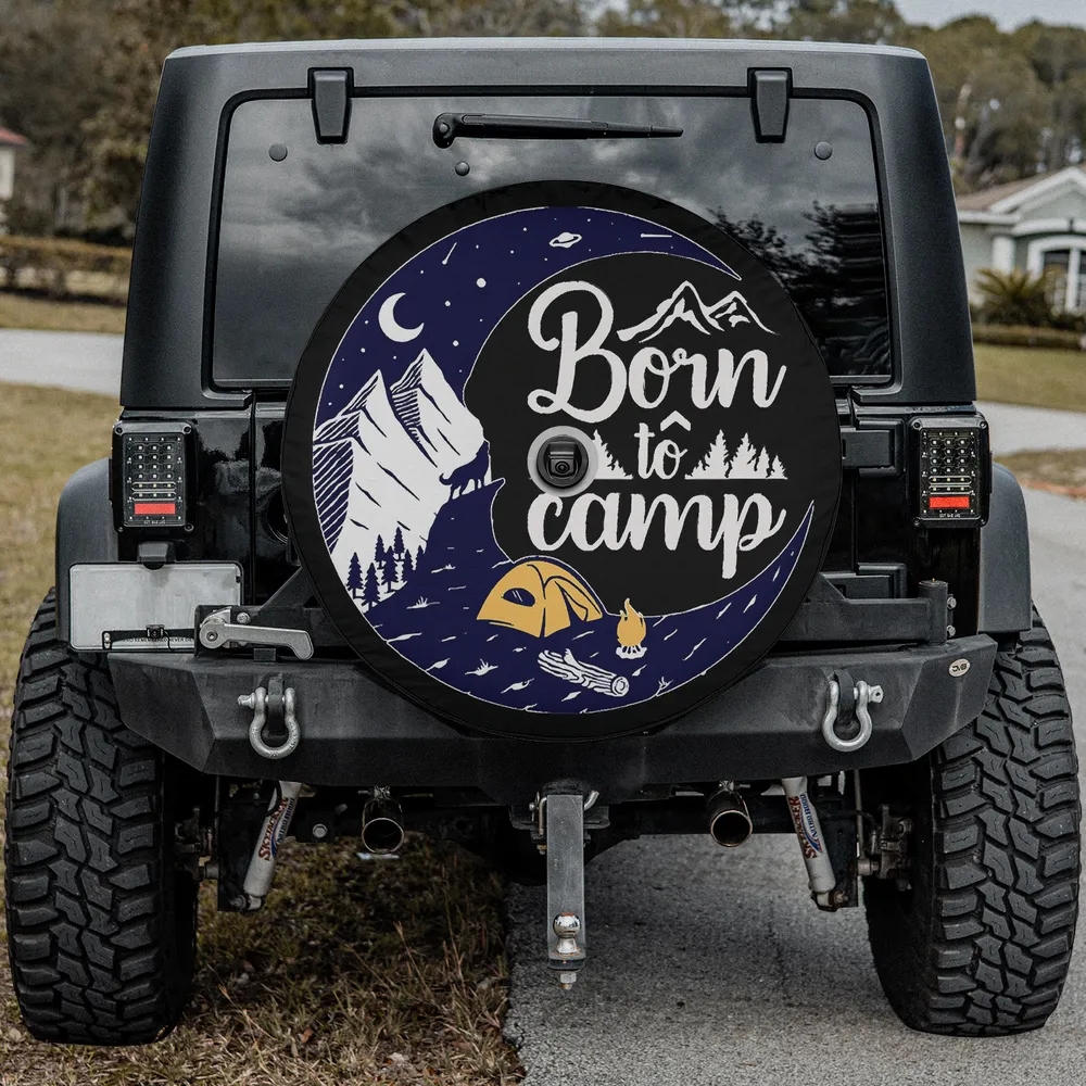 Born to Camp spare tire cover with camera hole, mountain, moon, tent, campfire design