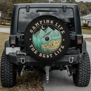 mountain moon tent campfire camping scene spare tire cover with camera hole